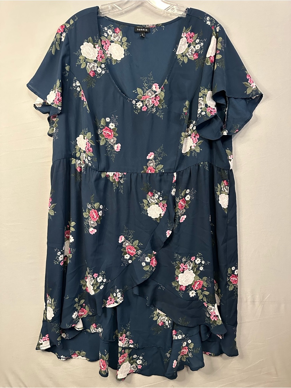 torrid Teal Navy Floral Ruffle Blouse with Pink and White Blooms